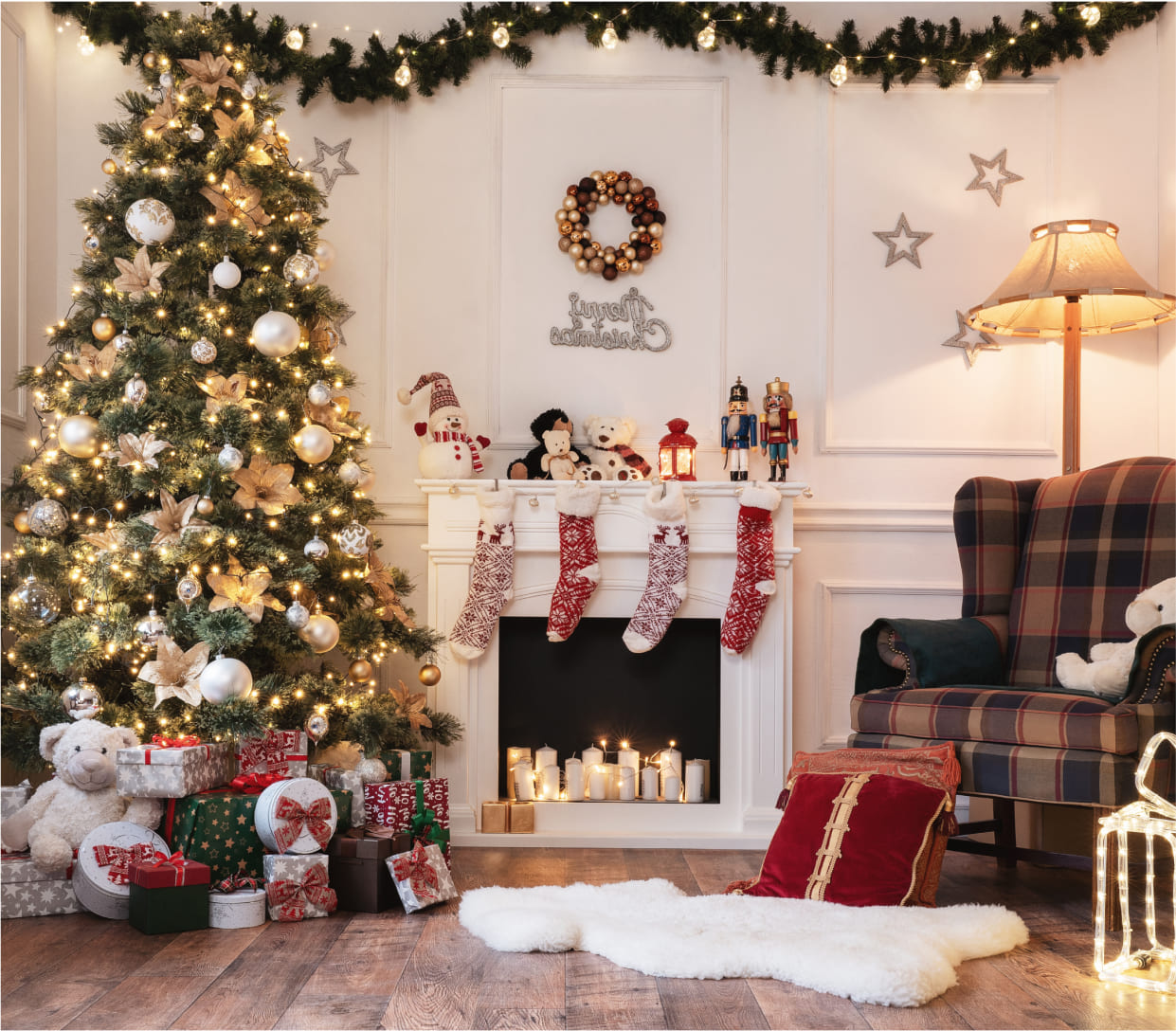 Christmas tree around decorated fireplace